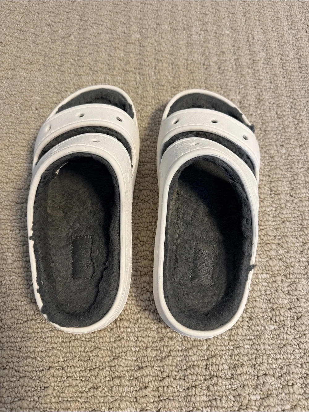 Unisex White Slide Sandals with Gray Fleece Lining